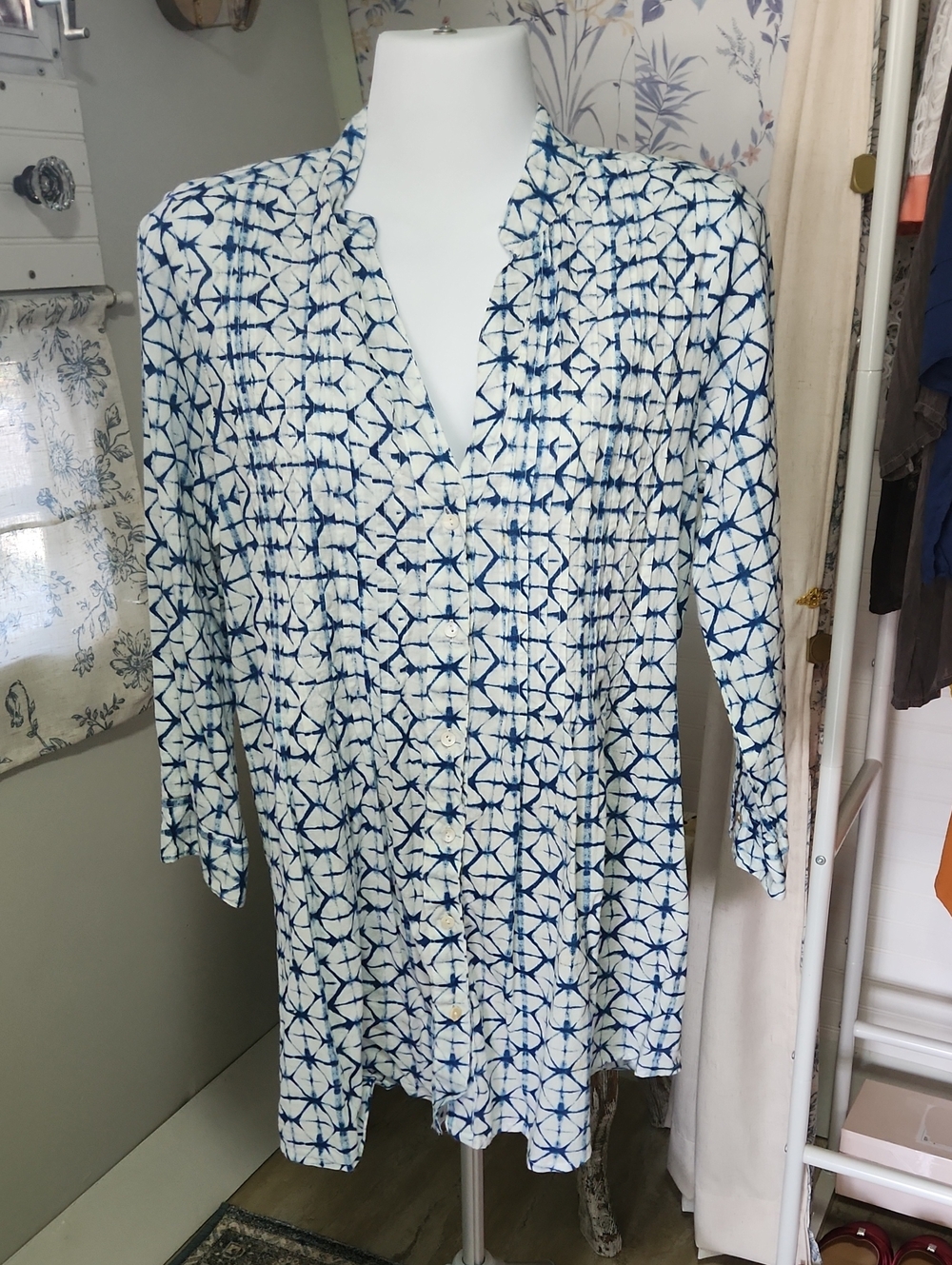 Blue and White Patterned Women's Top